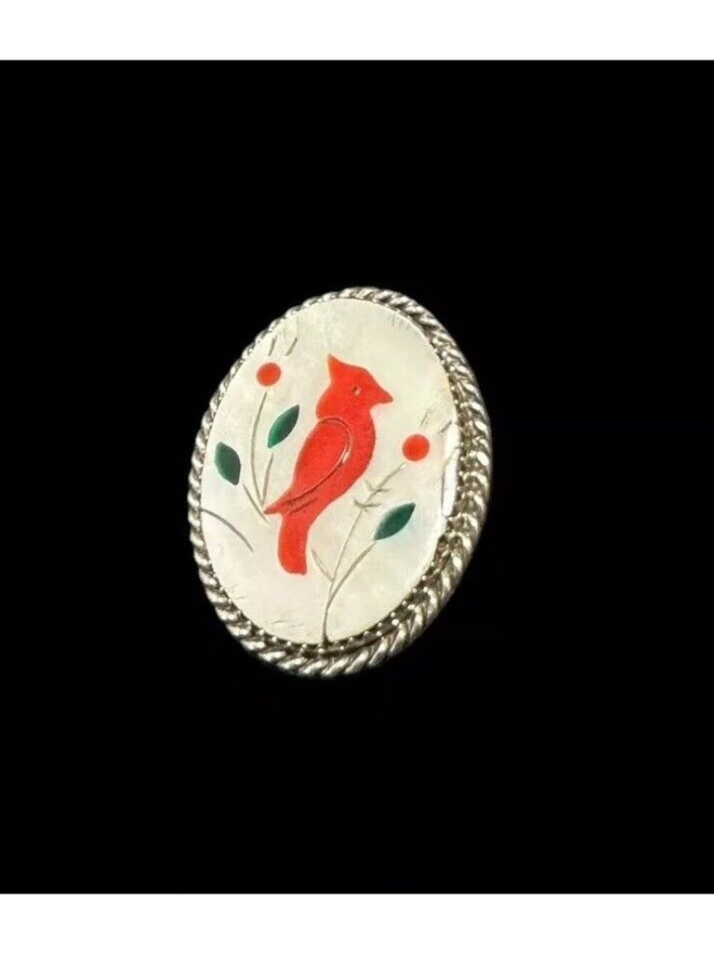 Vintage Sterling Silver Zuni Coral Multi Stone Red Bird Pendant Signed TB